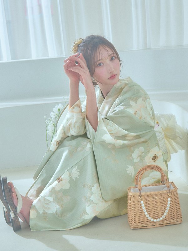 画像17: 【即日発送】くすみグリーン×ホワイトフラワー浴衣【浴衣３点セット 浴衣/帯/下駄】[YMT]