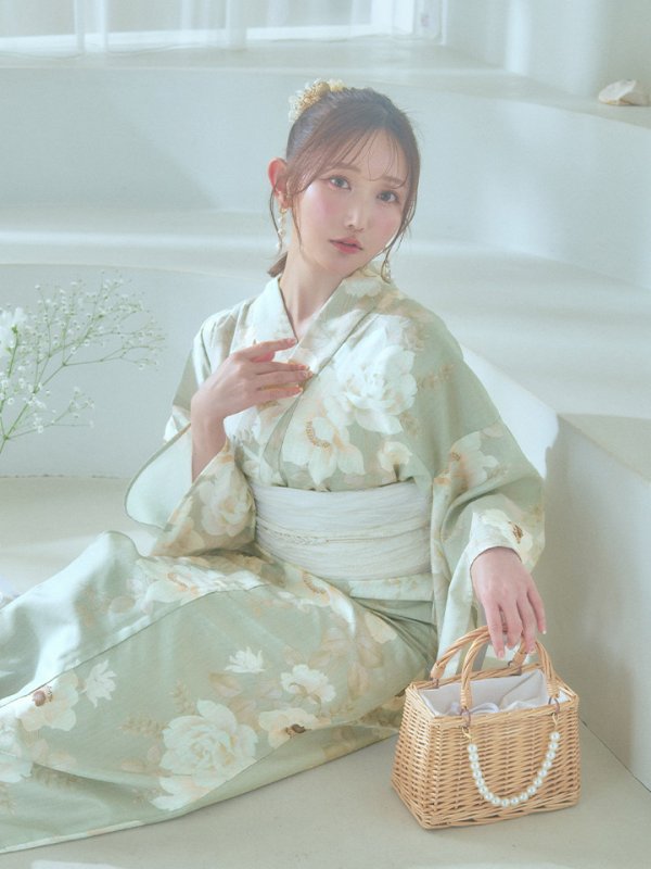 画像3: 【即日発送】くすみグリーン×ホワイトフラワー浴衣【浴衣３点セット 浴衣/帯/下駄】[YMT]
