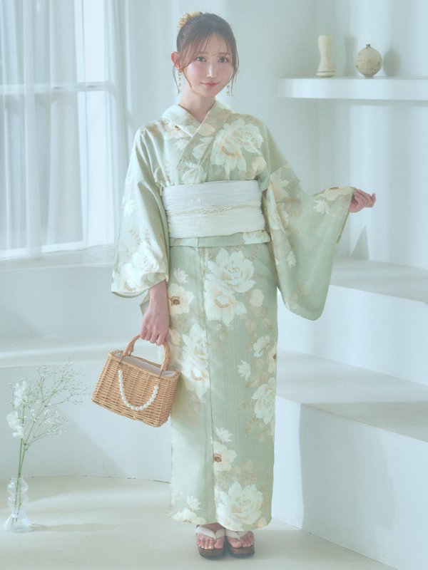 画像4: 【即日発送】くすみグリーン×ホワイトフラワー浴衣【浴衣３点セット 浴衣/帯/下駄】[YMT]
