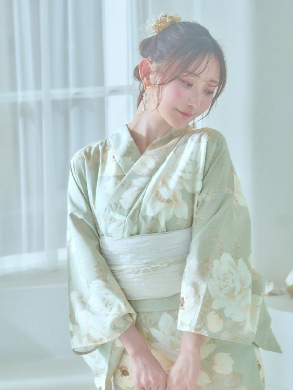 画像6: 【即日発送】くすみグリーン×ホワイトフラワー浴衣【浴衣３点セット 浴衣/帯/下駄】[YMT]