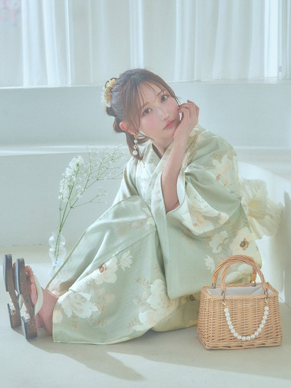 画像7: 【即日発送】くすみグリーン×ホワイトフラワー浴衣【浴衣３点セット 浴衣/帯/下駄】[YMT]