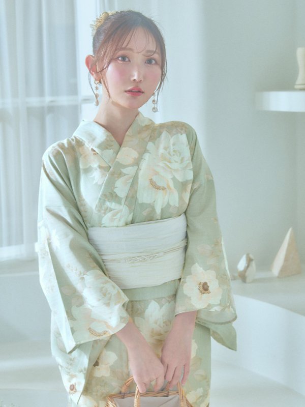 画像8: 【即日発送】くすみグリーン×ホワイトフラワー浴衣【浴衣３点セット 浴衣/帯/下駄】[YMT]