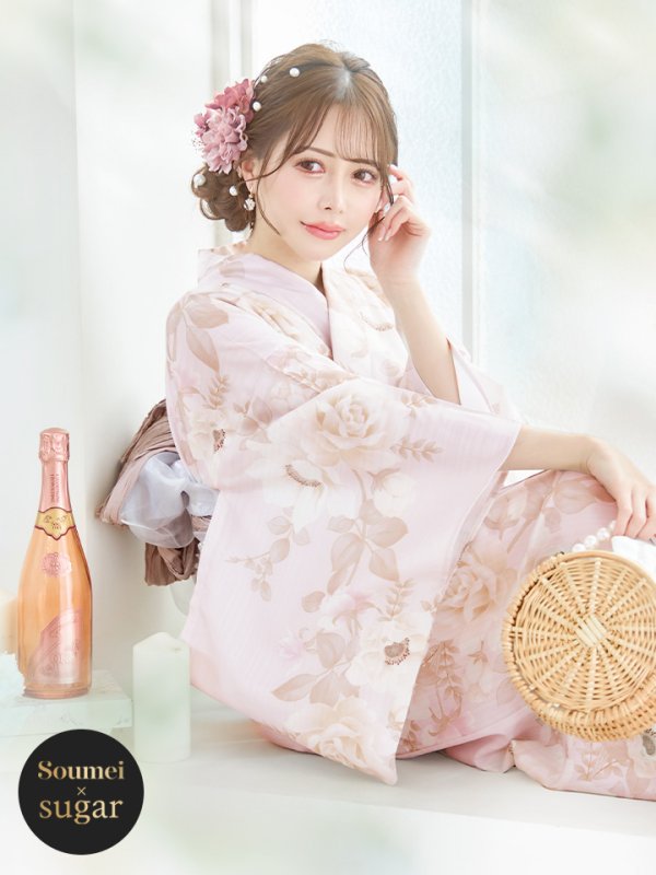 画像1: 【即日発送】ピンクベージュ×ホワイトローズ浴衣 【浴衣３点セット 浴衣/帯/下駄】 siwa-36ok / HIMO-903-kj-W / HEKO-800-sb-5-WH / YA-74-kn-P / YA-1017-am-W / GETA-02-ok-5-P / [YMT]