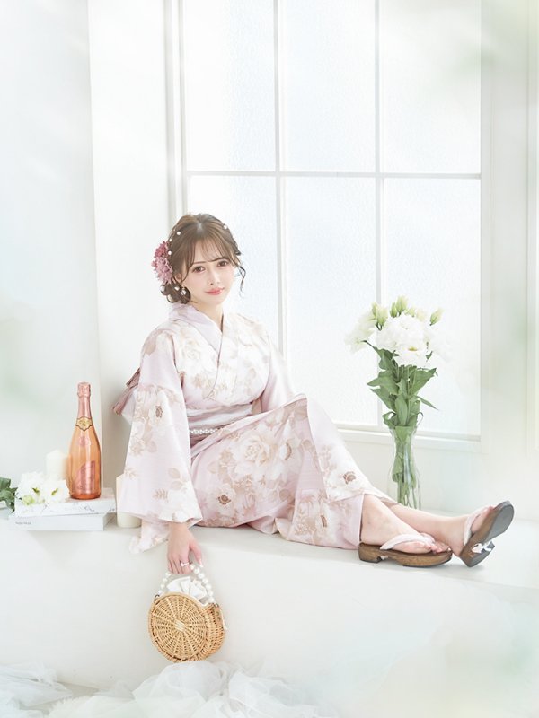 画像11: 【即日発送】ピンクベージュ×ホワイトローズ浴衣 【浴衣３点セット 浴衣/帯/下駄】[YMT]