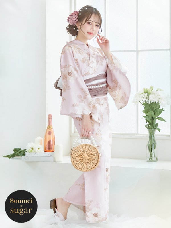 画像3: 【即日発送】ピンクベージュ×ホワイトローズ浴衣 【浴衣３点セット 浴衣/帯/下駄】[YMT]