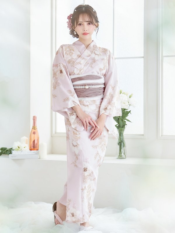 画像4: 【即日発送】ピンクベージュ×ホワイトローズ浴衣 【浴衣３点セット 浴衣/帯/下駄】[YMT]