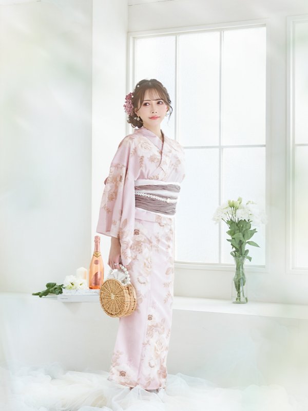 画像7: 【即日発送】ピンクベージュ×ホワイトローズ浴衣 【浴衣３点セット 浴衣/帯/下駄】[YMT]