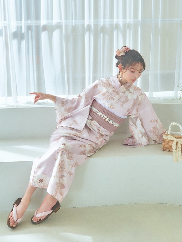 画像13: 【即日発送】ピンクベージュ×ホワイトローズ浴衣【浴衣３点セット 浴衣/帯/下駄】[YMT]