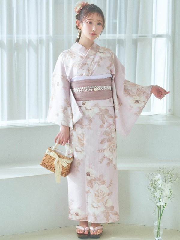 画像4: 【即日発送】ピンクベージュ×ホワイトローズ浴衣【浴衣３点セット 浴衣/帯/下駄】[YMT]