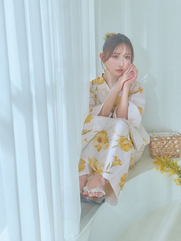 画像14: 【即日発送】白地にイエローの水彩花柄浴衣【浴衣３点セット 浴衣/帯/下駄】[YMT]