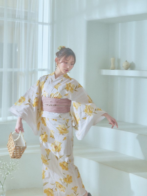 画像7: 【即日発送】白地にイエローの水彩花柄浴衣【浴衣３点セット 浴衣/帯/下駄】[YMT]