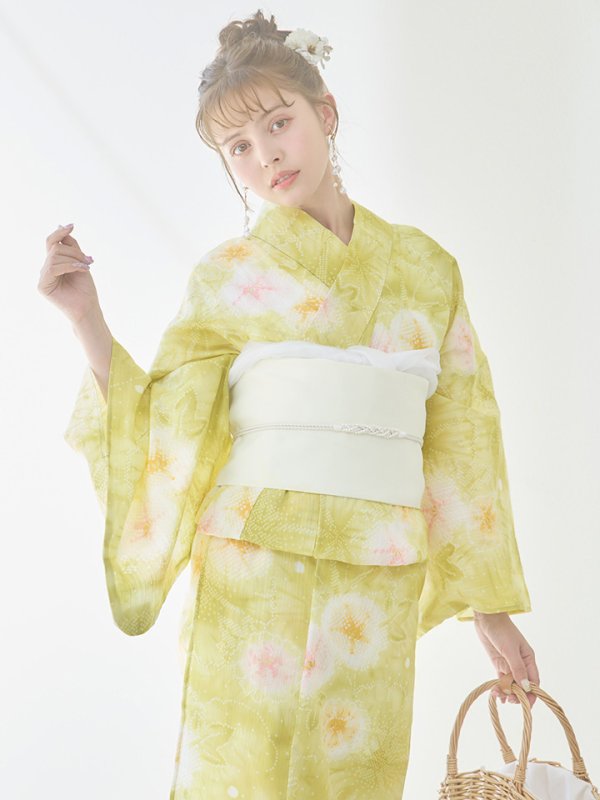 画像10: 【即日発送】イエローグリーン絞り柄浴衣【浴衣３点セット 浴衣/帯/下駄】[YMT]