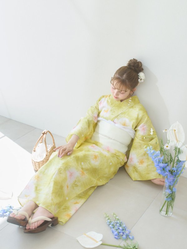 画像15: 【即日発送】イエローグリーン絞り柄浴衣【浴衣３点セット 浴衣/帯/下駄】[YMT]