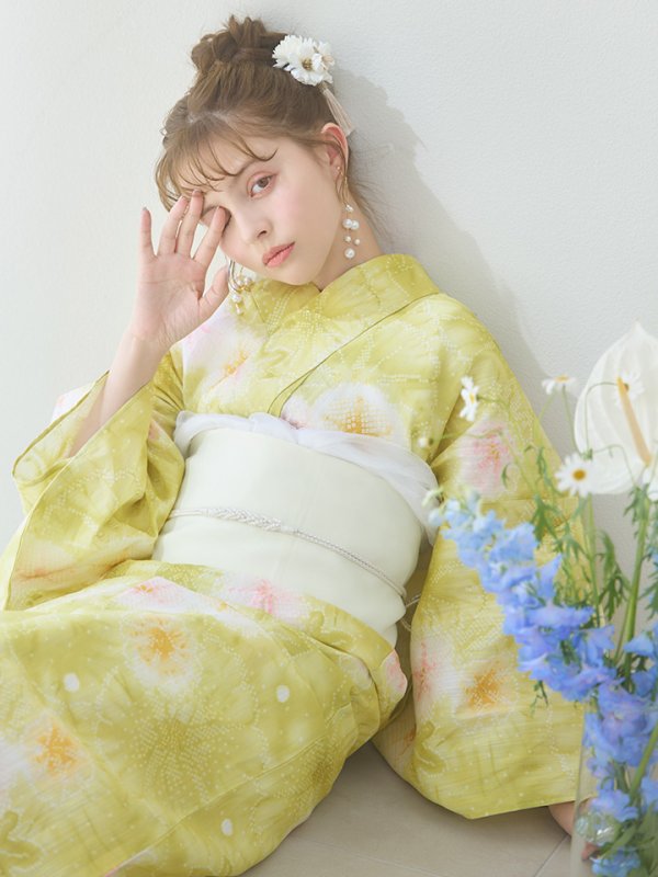 画像5: 【即日発送】イエローグリーン絞り柄浴衣【浴衣３点セット 浴衣/帯/下駄】[YMT]