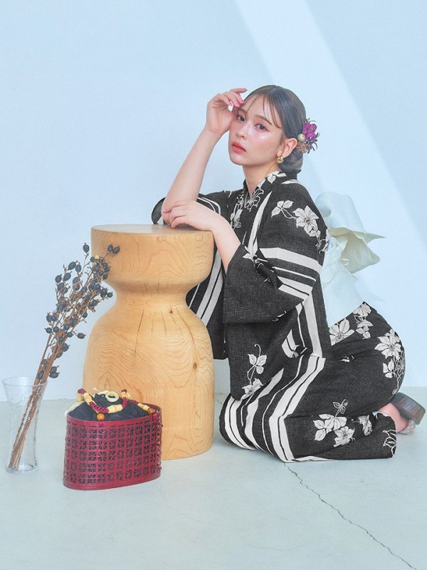 画像11: 【即日発送！】ストライプ×フラワーレトロ浴衣【浴衣３点セット 浴衣/帯/下駄】[YMT]