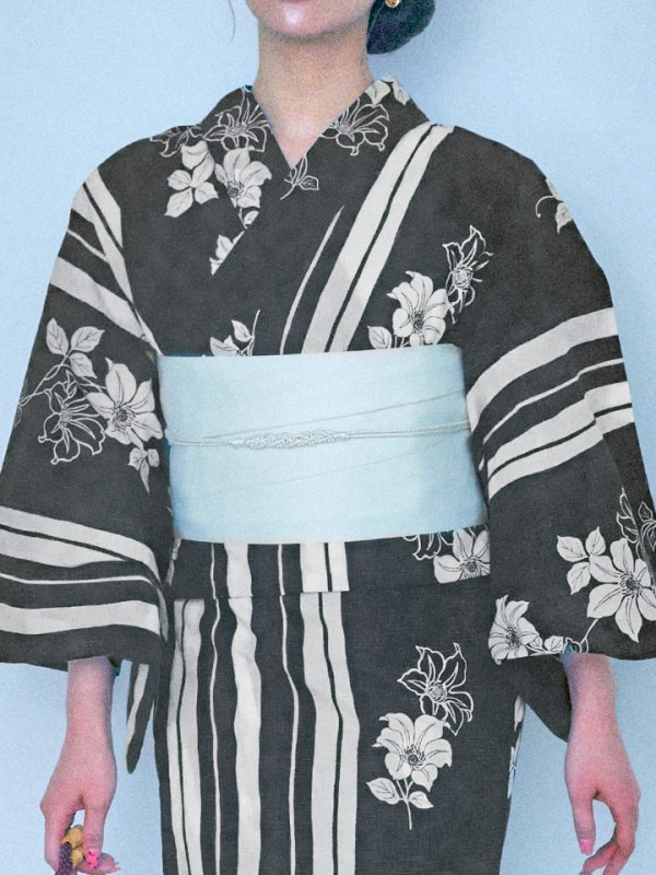 画像17: 【即日発送！】ストライプ×フラワーレトロ浴衣【浴衣３点セット 浴衣/帯/下駄】[YMT]