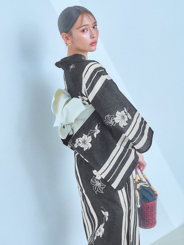 画像8: 【即日発送！】ストライプ×フラワーレトロ浴衣【浴衣３点セット 浴衣/帯/下駄】[YMT]