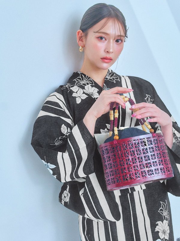 画像9: 【即日発送！】ストライプ×フラワーレトロ浴衣【浴衣３点セット 浴衣/帯/下駄】[YMT]