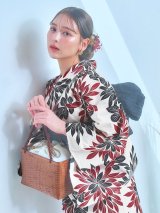 【即日発送】ネイビー＆レッドフラワーモダン浴衣【浴衣３点セット 浴衣/帯/下駄】OBI-siwa-202-ok-11-B / HIMO-900-yn-1-B / HEKO-800-sb-5-WH / YA-1027-wk-R / GETA-02-ok-7-R/ [YMT]