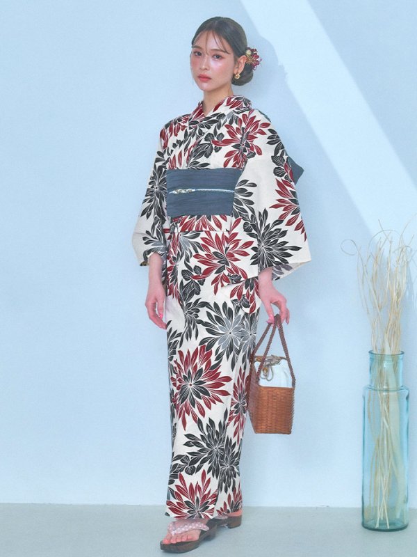 画像4: 【即日発送】ネイビー＆レッドフラワーモダン浴衣【浴衣３点セット 浴衣/帯/下駄】[YMT]