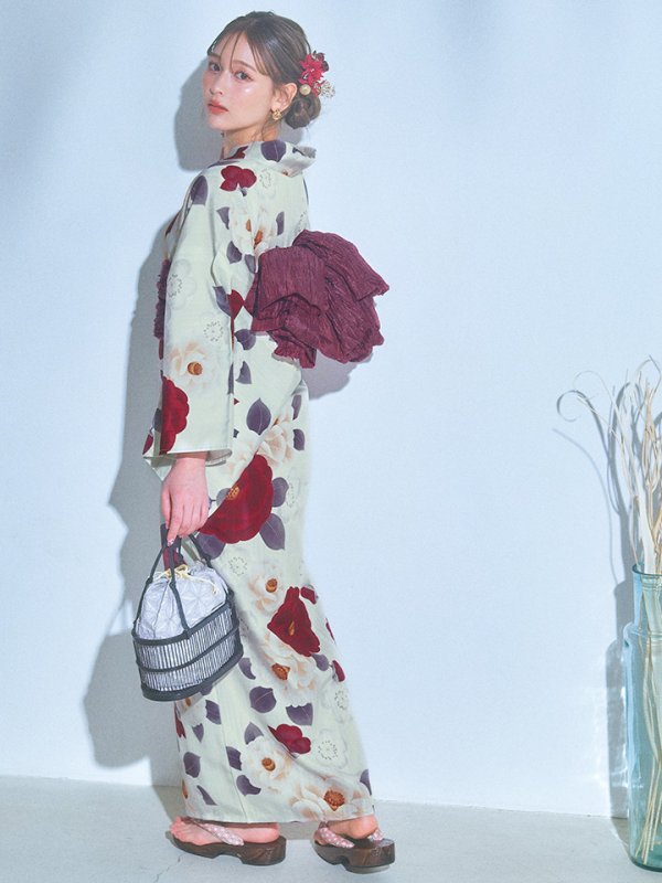 画像10: 【即日発送】ホワイト＆レッド椿浴衣【浴衣３点セット 浴衣/帯/下駄】[OF04]