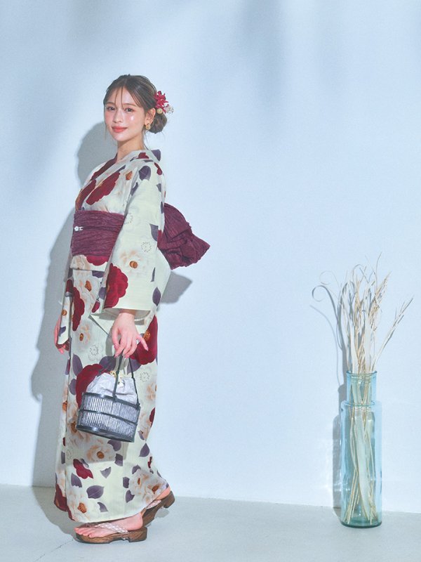 画像12: 【即日発送】ホワイト＆レッド椿浴衣【浴衣３点セット 浴衣/帯/下駄】[OF04]