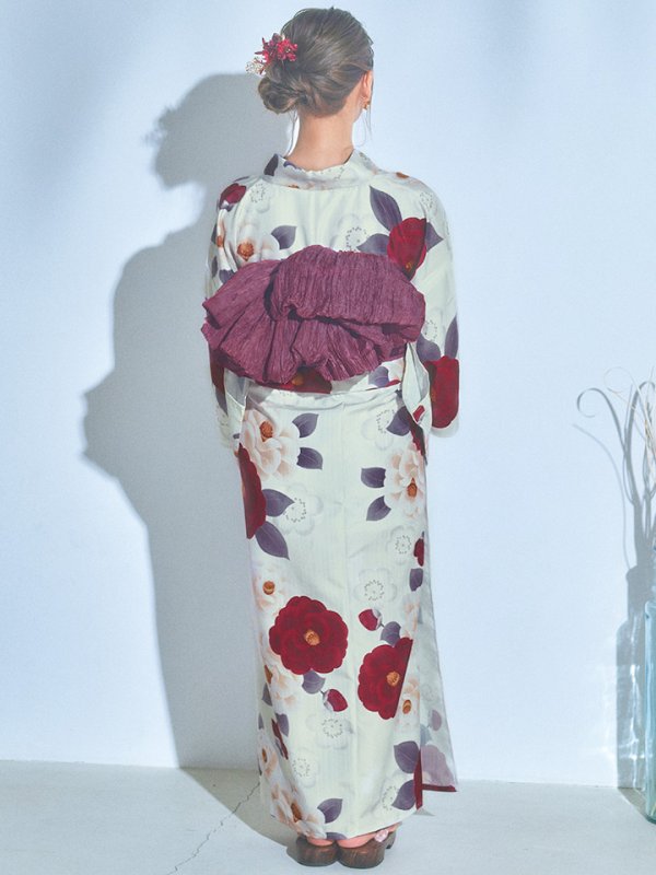 画像13: 【即日発送】ホワイト＆レッド椿浴衣【浴衣３点セット 浴衣/帯/下駄】[OF04]