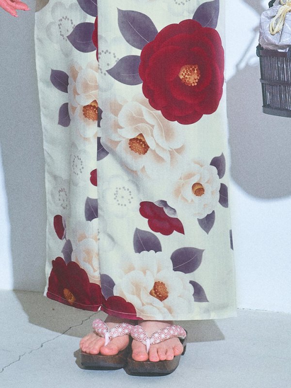 画像15: 【即日発送】ホワイト＆レッド椿浴衣【浴衣３点セット 浴衣/帯/下駄】[OF04]