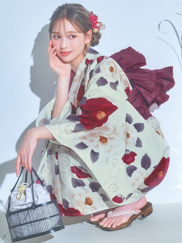 画像7: 【即日発送】ホワイト＆レッド椿浴衣【浴衣３点セット 浴衣/帯/下駄】[OF04]