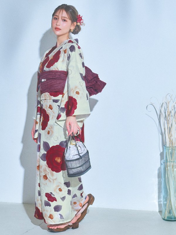 画像3: 【即日発送】ホワイト＆レッド椿浴衣【浴衣３点セット 浴衣/帯/下駄】[OF04]