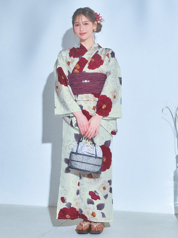画像4: 【即日発送】ホワイト＆レッド椿浴衣【浴衣３点セット 浴衣/帯/下駄】[OF04]