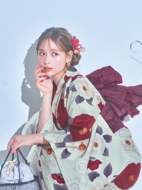 画像5: 【即日発送】ホワイト＆レッド椿浴衣【浴衣３点セット 浴衣/帯/下駄】[OF04]