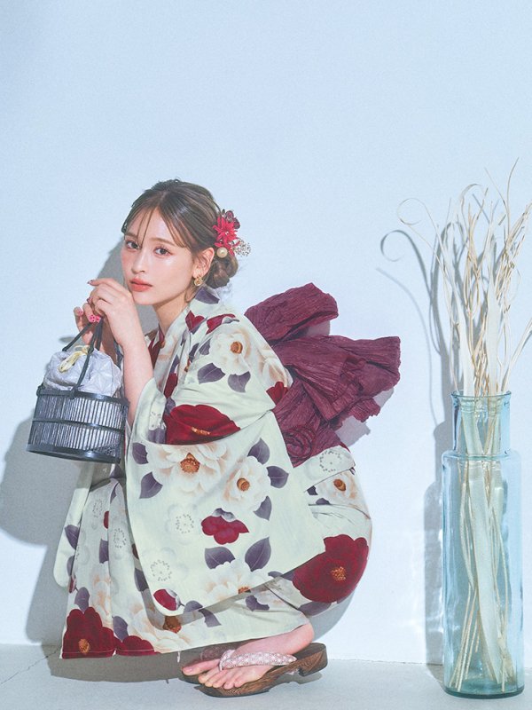 画像6: 【即日発送】ホワイト＆レッド椿浴衣【浴衣３点セット 浴衣/帯/下駄】[OF04]