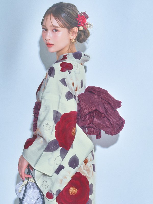 画像9: 【即日発送】ホワイト＆レッド椿浴衣【浴衣３点セット 浴衣/帯/下駄】[OF04]