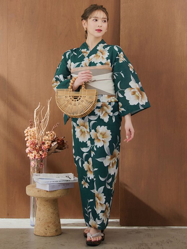 画像13: 【即日発送！】グリーン×牡丹浴衣【浴衣３点セット 浴衣/帯/下駄】[YMT]
