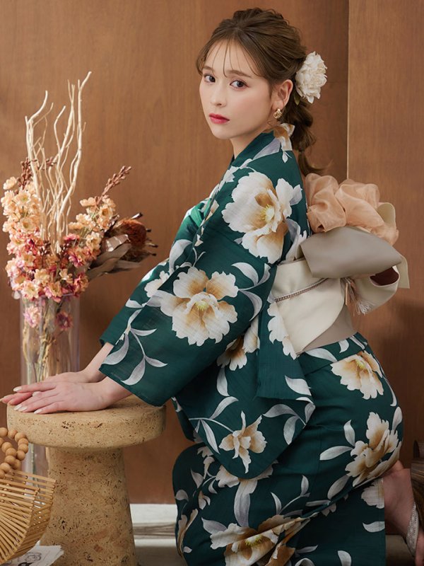 画像3: 【即日発送！】グリーン×牡丹浴衣【浴衣３点セット 浴衣/帯/下駄】[YMT]