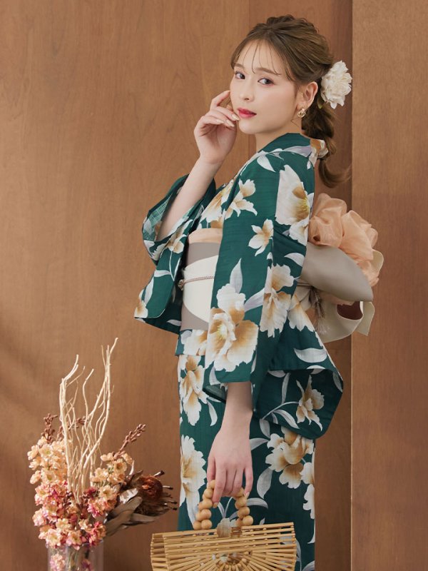 画像5: 【即日発送！】グリーン×牡丹浴衣【浴衣３点セット 浴衣/帯/下駄】[YMT]