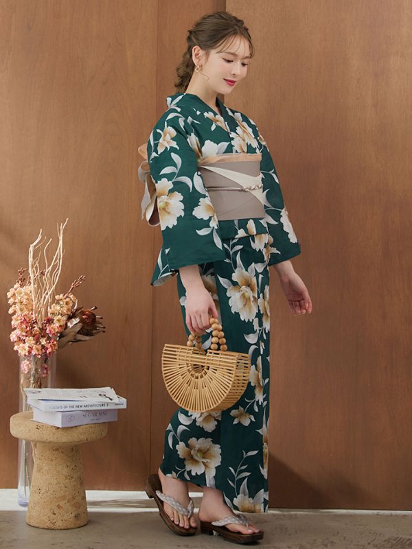 画像6: 【即日発送！】グリーン×牡丹浴衣【浴衣３点セット 浴衣/帯/下駄】[YMT]