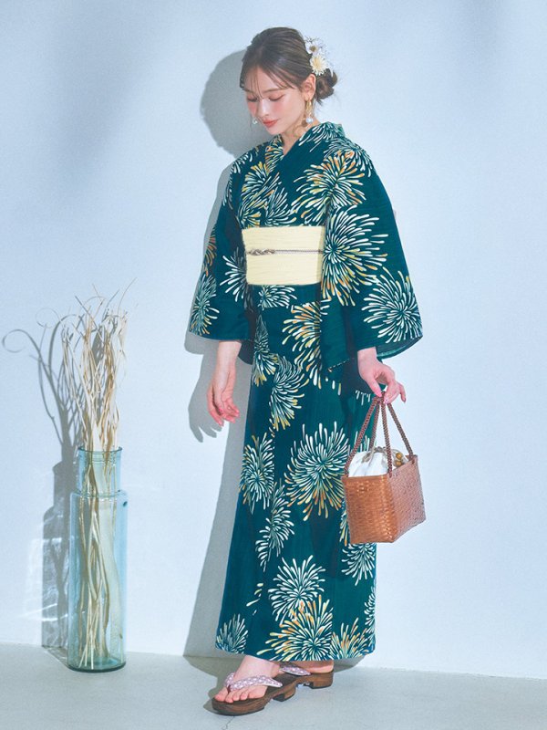 画像13: 【即日発送】エメラルドグリーン×花火浴衣【浴衣３点セット 浴衣/帯/下駄】[YMT]