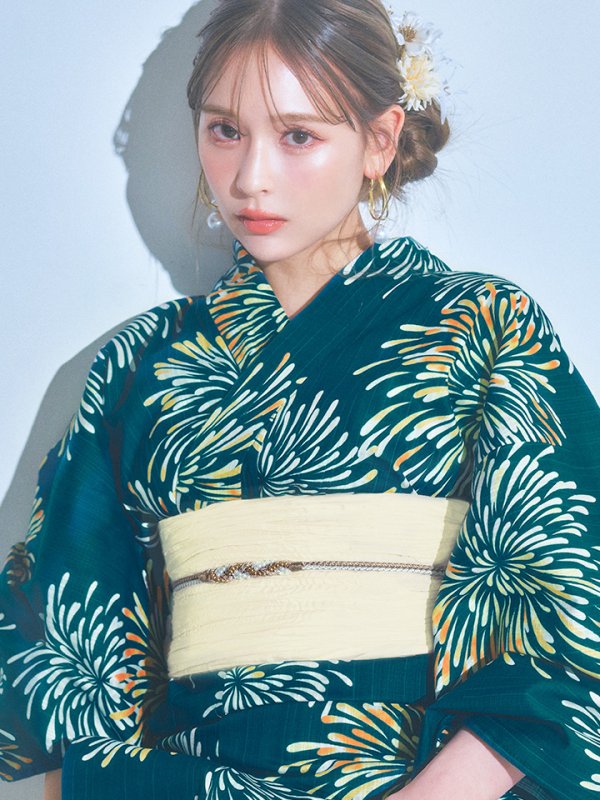 画像15: 【即日発送】エメラルドグリーン×花火浴衣【浴衣３点セット 浴衣/帯/下駄】[YMT]