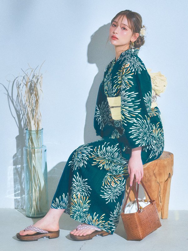 画像7: 【即日発送】エメラルドグリーン×花火浴衣【浴衣３点セット 浴衣/帯/下駄】[YMT]