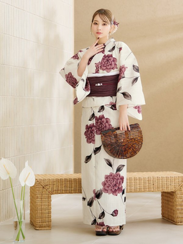 画像2: 【即日発送】パープルレッドダリア柄浴衣【浴衣３点セット 浴衣/帯/下駄】OBI-siwa-202-ok-16-WR / HIMO-902-kj-5-RosePK / HEKO-800-sb-5-WH / YA-1024-wk-BE / GETA-02-ok-8-RoseP/ [YMT]