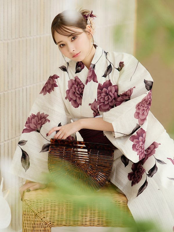 画像13: 【即日発送】パープルレッドダリア柄浴衣【浴衣３点セット 浴衣/帯/下駄】[YMT]