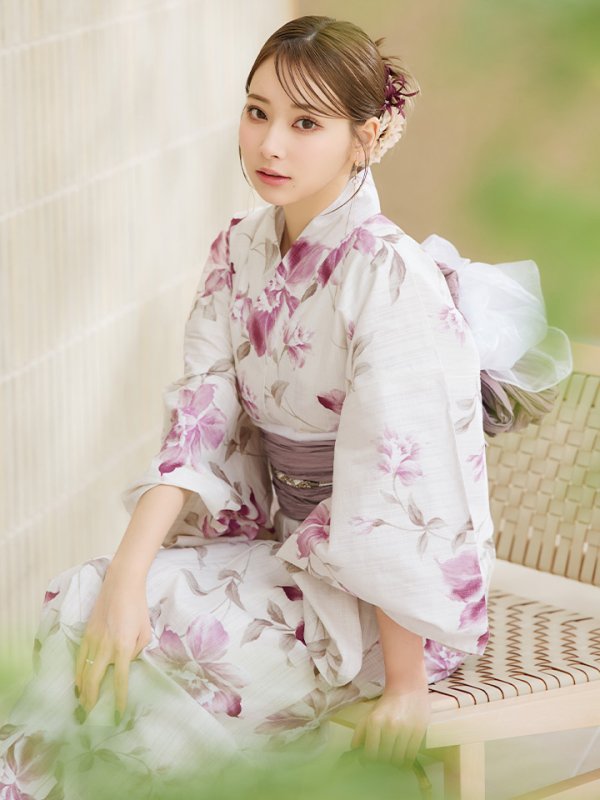 画像1: 【即日発送】パープルピンクフラワー浴衣【浴衣３点セット 浴衣/帯/下駄】OBI-siwa-202-ok-17-BR / HIMO-900-yn-7-MOC / HEKO-800-sb-5-WH / YA-1024-wk-BE / GETA-02-ok-8-RoseP/ [YMT]