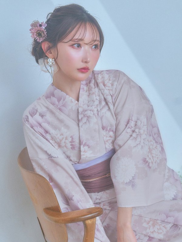 画像10: 【即日発送】くすみカラー×パープルダリア浴衣【浴衣３点セット 浴衣/帯/下駄】[YMT]