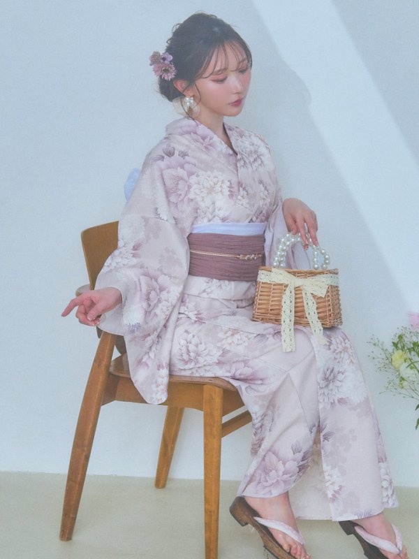 画像12: 【即日発送】くすみカラー×パープルダリア浴衣【浴衣３点セット 浴衣/帯/下駄】[YMT]