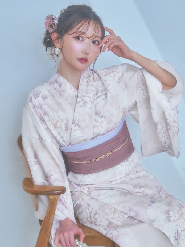 画像3: 【即日発送】くすみカラー×パープルダリア浴衣【浴衣３点セット 浴衣/帯/下駄】[YMT]