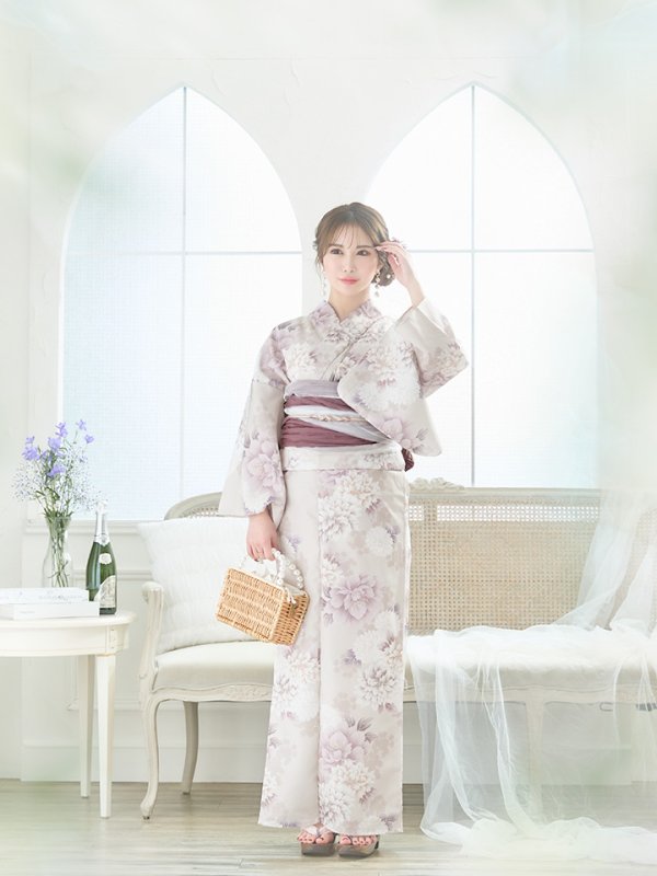 画像12: 【即日発送】くすみカラー×パープルダリア浴衣【浴衣３点セット 浴衣/帯/下駄】[YMT]