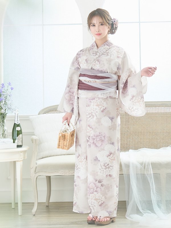 画像4: 【即日発送】くすみカラー×パープルダリア浴衣【浴衣３点セット 浴衣/帯/下駄】[YMT]