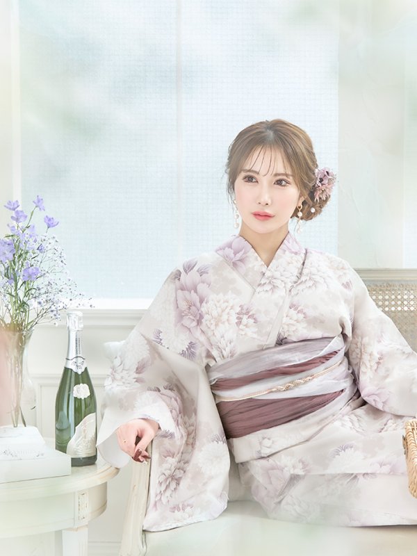 画像8: 【即日発送】くすみカラー×パープルダリア浴衣【浴衣３点セット 浴衣/帯/下駄】[YMT]